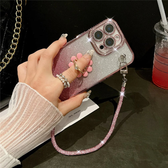 For iPhone 16 Pro Max Case with Rhinestones Strap Kickstand Phone Cover Built In Lens Film - Gold - 7