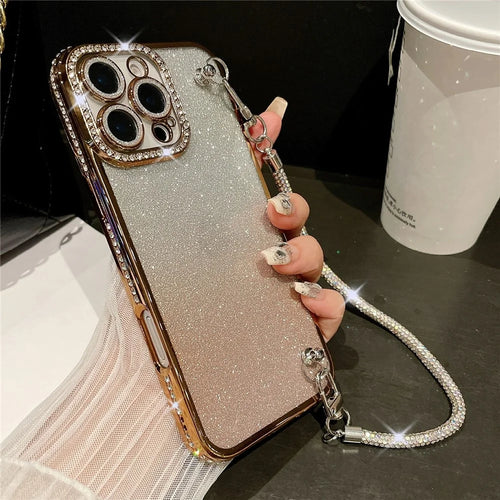 For iPhone 16 Pro Max Case Electroplated Edge Rhinestone Glitter Decor Phone Cover with Lens Film, Strap - Gold - 1