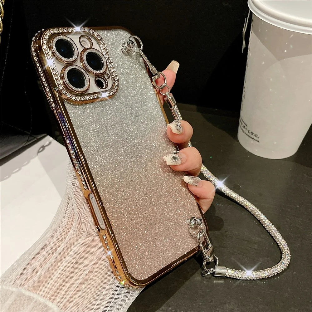 For iPhone 16 Pro Max Case Electroplated Edge Rhinestone Glitter Decor Phone Cover with Lens Film, Strap - Gold - 1