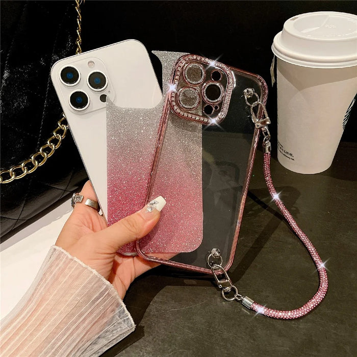 For iPhone 16 Pro Max Case Electroplated Edge Rhinestone Glitter Decor Phone Cover with Lens Film, Strap - Gold - 4