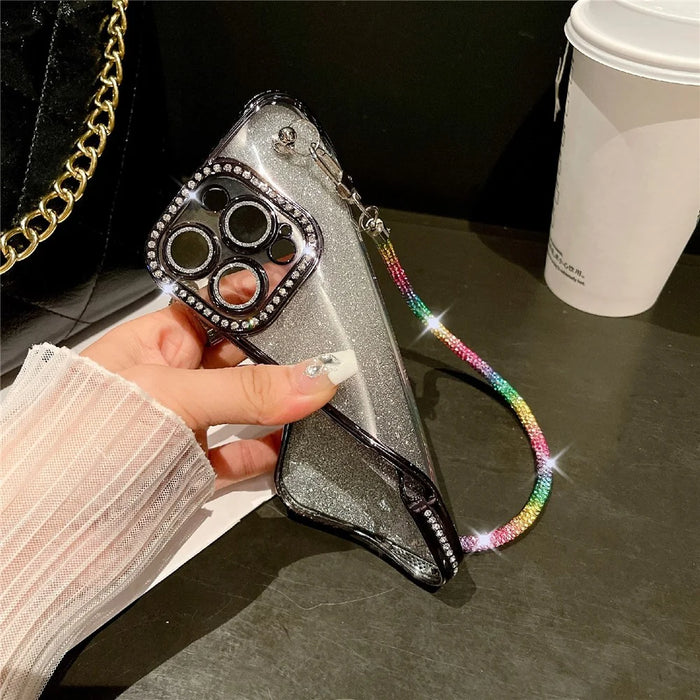 For iPhone 16 Pro Max Case Electroplated Edge Rhinestone Glitter Decor Phone Cover with Lens Film, Strap - Gold - 5