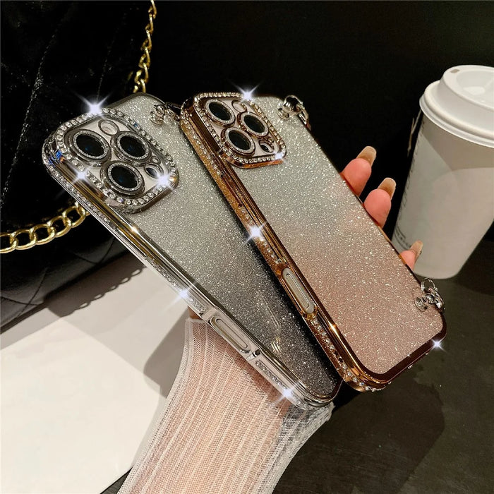 For iPhone 16 Pro Max Case Electroplated Edge Rhinestone Glitter Decor Phone Cover with Lens Film, Strap - Gold - 6