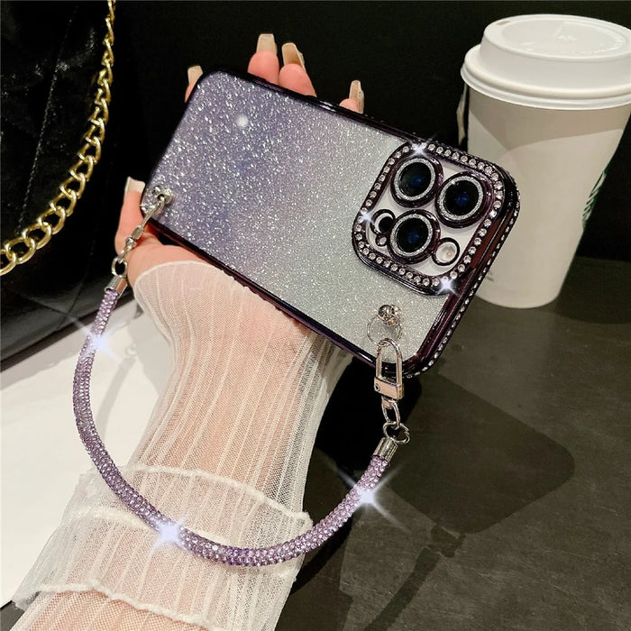 For iPhone 16 Pro Max Case Electroplated Edge Rhinestone Glitter Decor Phone Cover with Lens Film, Strap - Gold - 7