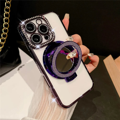 For iPhone 16 Pro Max Case Electroplated Edge Mirror Kickstand Clear Back Phone Cover with Glitter Lens Film - Dark Purple - 1