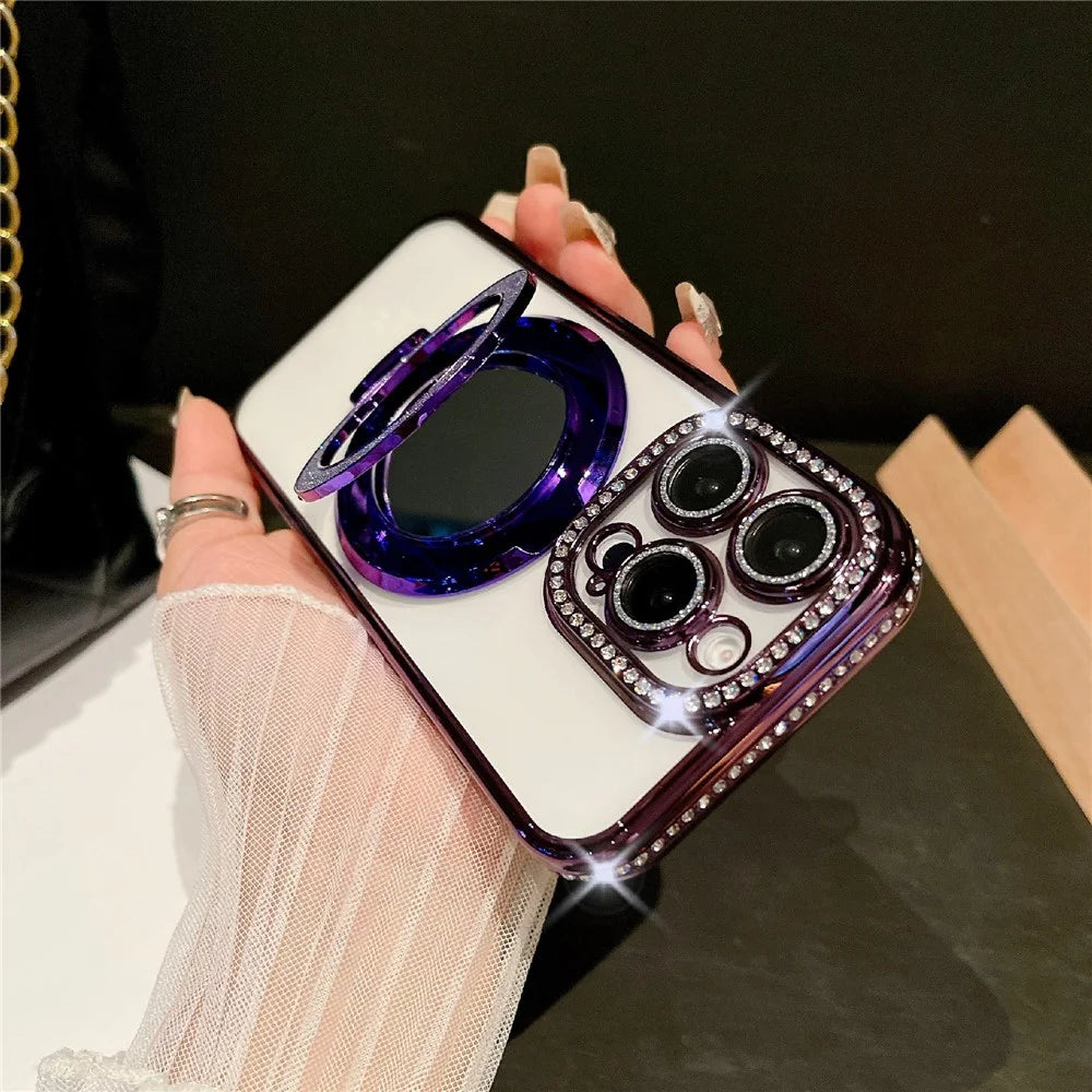For iPhone 16 Pro Max Case Electroplated Edge Mirror Kickstand Clear Back Phone Cover with Glitter Lens Film - Dark Purple - 2