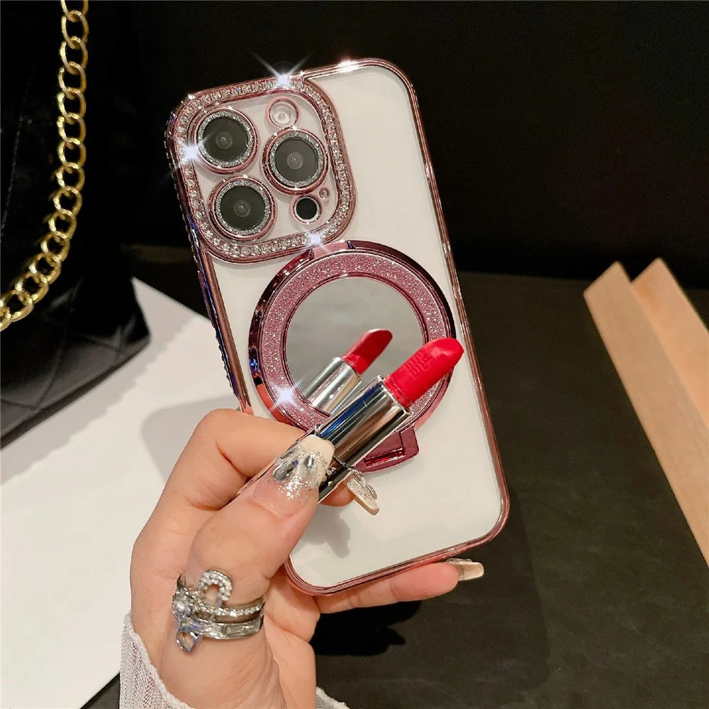 For iPhone 16 Pro Max Case Electroplated Edge Mirror Kickstand Clear Back Phone Cover with Glitter Lens Film - Dark Purple - 4