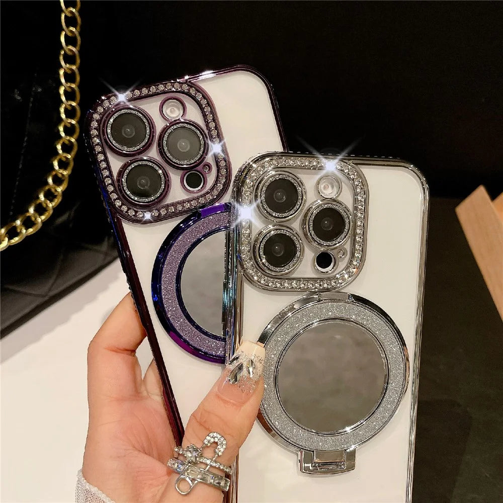 For iPhone 16 Pro Max Case Electroplated Edge Mirror Kickstand Clear Back Phone Cover with Glitter Lens Film - Dark Purple - 5