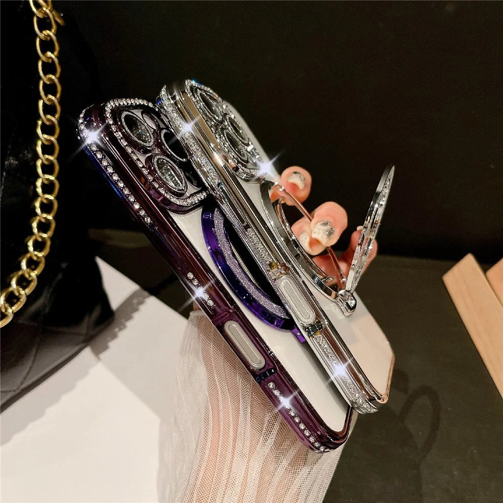 For iPhone 16 Pro Max Case Electroplated Edge Mirror Kickstand Clear Back Phone Cover with Glitter Lens Film - Dark Purple - 6