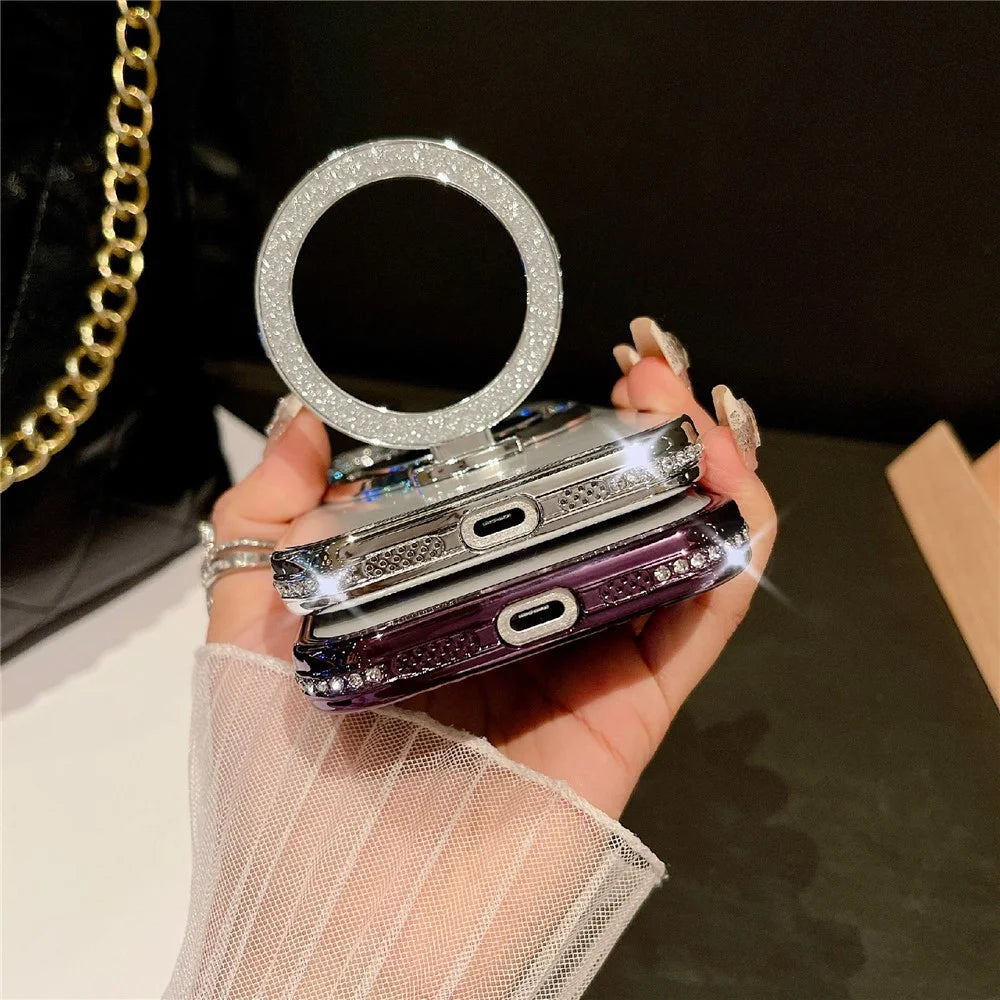 For iPhone 16 Pro Max Case Electroplated Edge Mirror Kickstand Clear Back Phone Cover with Glitter Lens Film - Dark Purple - 7