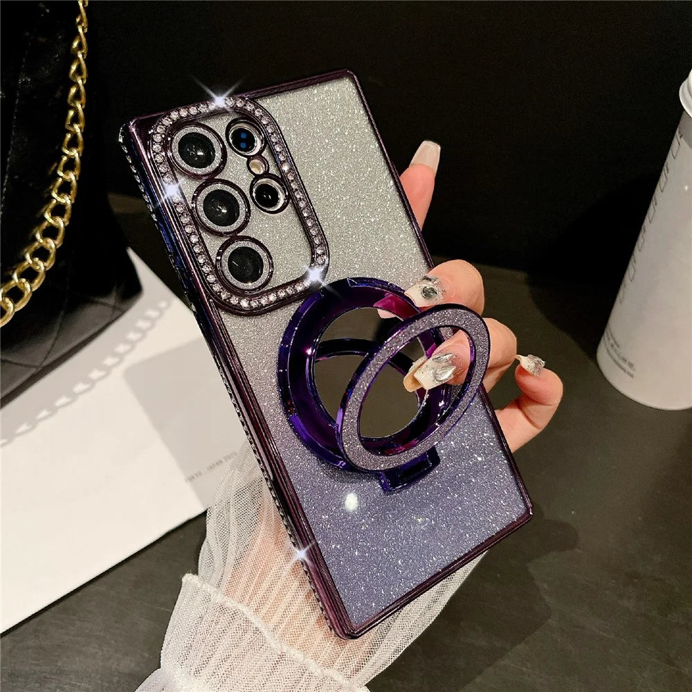 For Samsung Galaxy S25 Ultra Case Electroplated Mirror Kickstand Back Phone Cover with Lens Film, Glitter Card - Dark Purple - 1