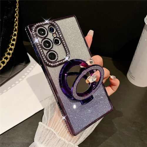 For Samsung Galaxy S25 Ultra Case Electroplated Mirror Kickstand Back Phone Cover with Lens Film, Glitter Card - Dark Purple - 1