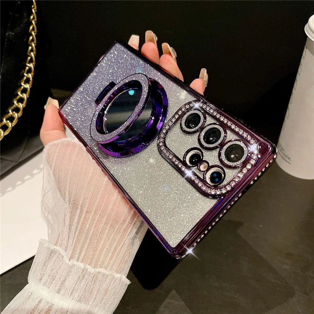 For Samsung Galaxy S25 Ultra Case Electroplated Mirror Kickstand Back Phone Cover with Lens Film, Glitter Card - Dark Purple - 2