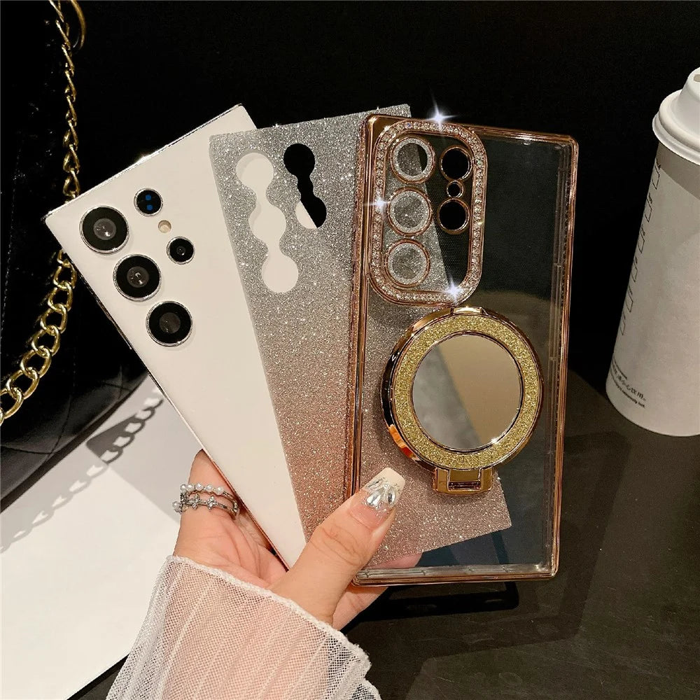 For Samsung Galaxy S25 Ultra Case Electroplated Mirror Kickstand Back Phone Cover with Lens Film, Glitter Card - Dark Purple - 4