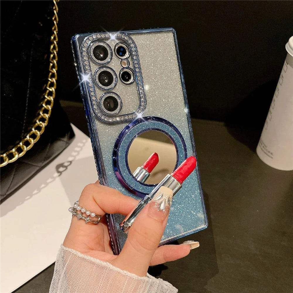 For Samsung Galaxy S25 Ultra Case Electroplated Mirror Kickstand Back Phone Cover with Lens Film, Glitter Card - Dark Purple - 5