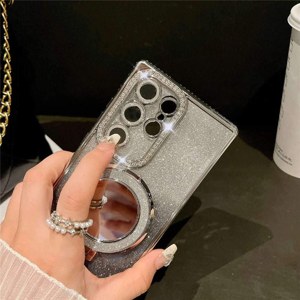 For Samsung Galaxy S25 Ultra Case Electroplated Mirror Kickstand Back Phone Cover with Lens Film, Glitter Card - Dark Purple - 6
