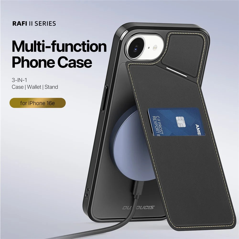 DUX DUCIS For iPhone 17e / 16e Magnetic Case  Rafi II Series Leather Back Cover with RFID Blocking Card Slots - Black - 2
