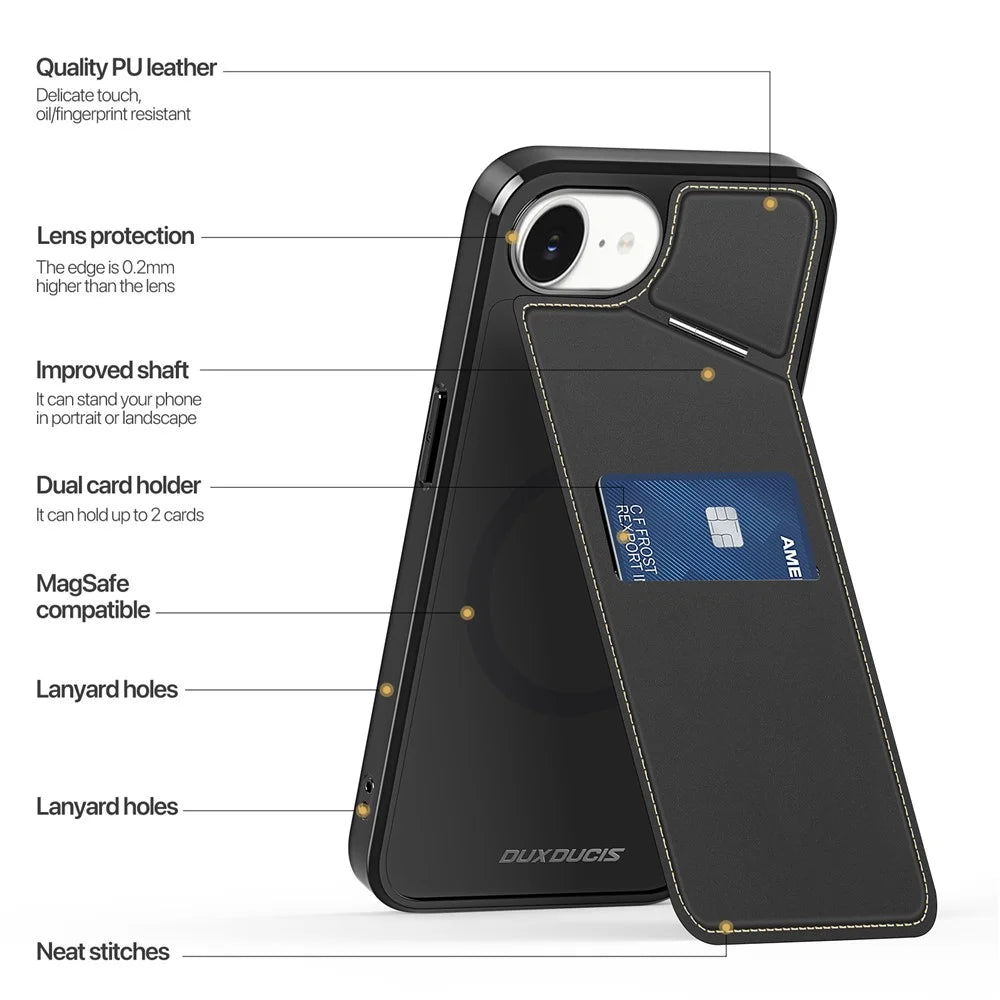 DUX DUCIS For iPhone 17e / 16e Magnetic Case  Rafi II Series Leather Back Cover with RFID Blocking Card Slots - Black - 3