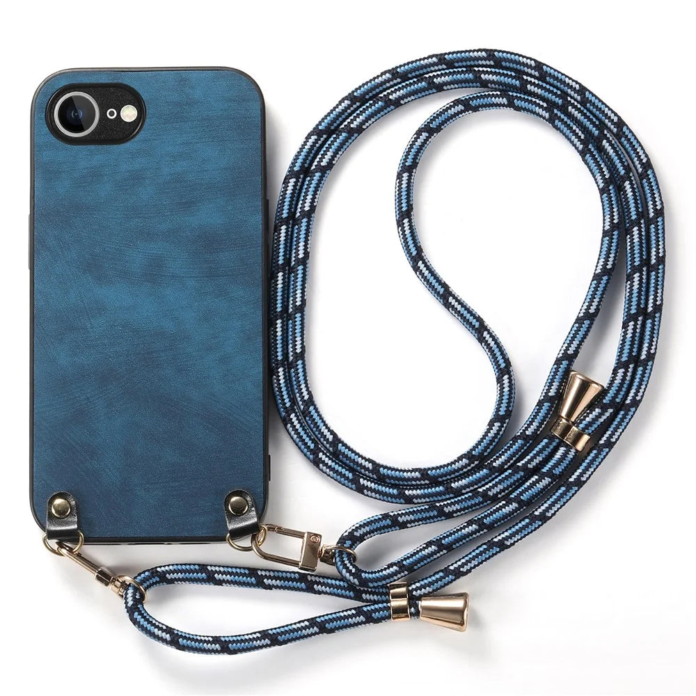 For iPhone 17e / 16e Retro Leather Phone Back Cover with Adjustable Strap - Blue - 1