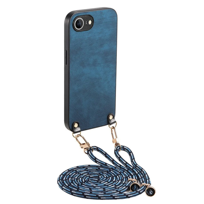 For iPhone 17e / 16e Retro Leather Phone Back Cover with Adjustable Strap - Blue - 2