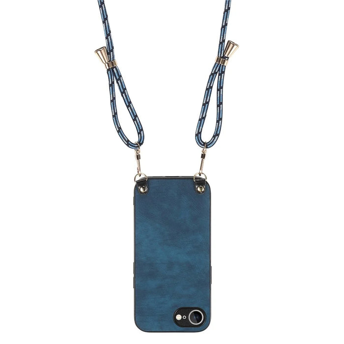 For iPhone 17e / 16e Retro Leather Phone Back Cover with Adjustable Strap - Blue - 3