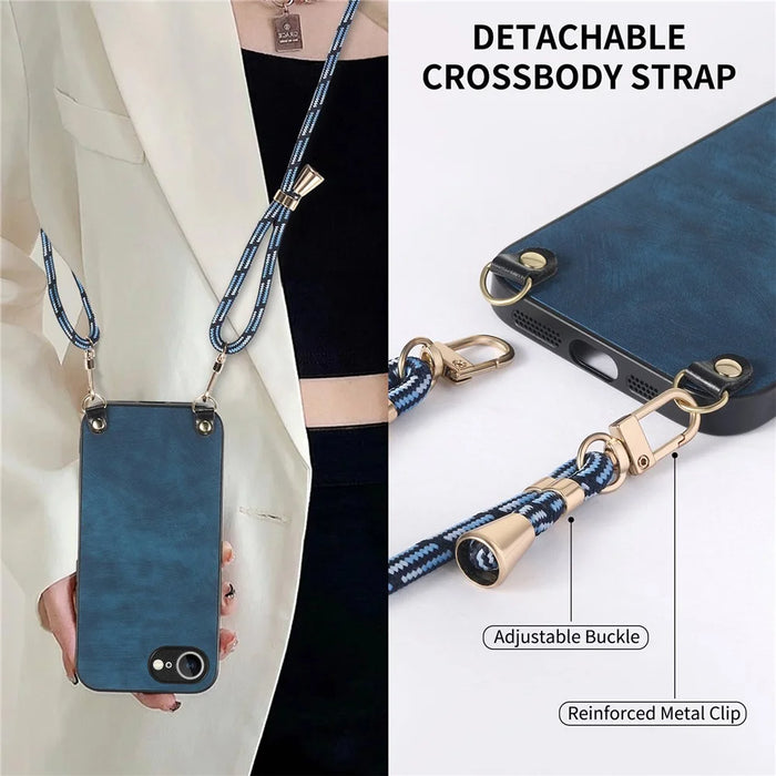 For iPhone 17e / 16e Retro Leather Phone Back Cover with Adjustable Strap - Blue - 4