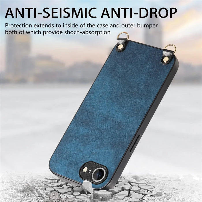 For iPhone 17e / 16e Retro Leather Phone Back Cover with Adjustable Strap - Blue - 5