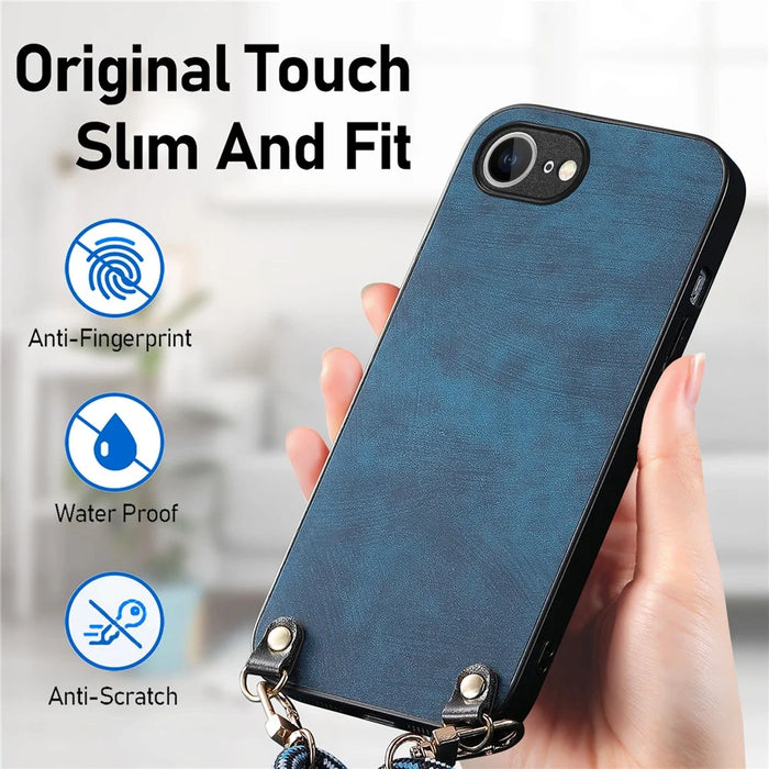 For iPhone 17e / 16e Retro Leather Phone Back Cover with Adjustable Strap - Blue - 6