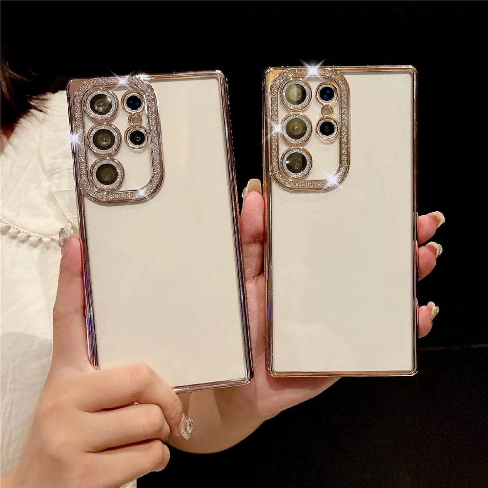 For Samsung Galaxy S25 Ultra Case Clear TPU Phone Cover with Glitter Lens Film - Gold - 2
