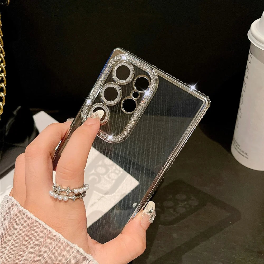 For Samsung Galaxy S25 Ultra Case Clear TPU Phone Cover with Glitter Lens Film - Gold - 3