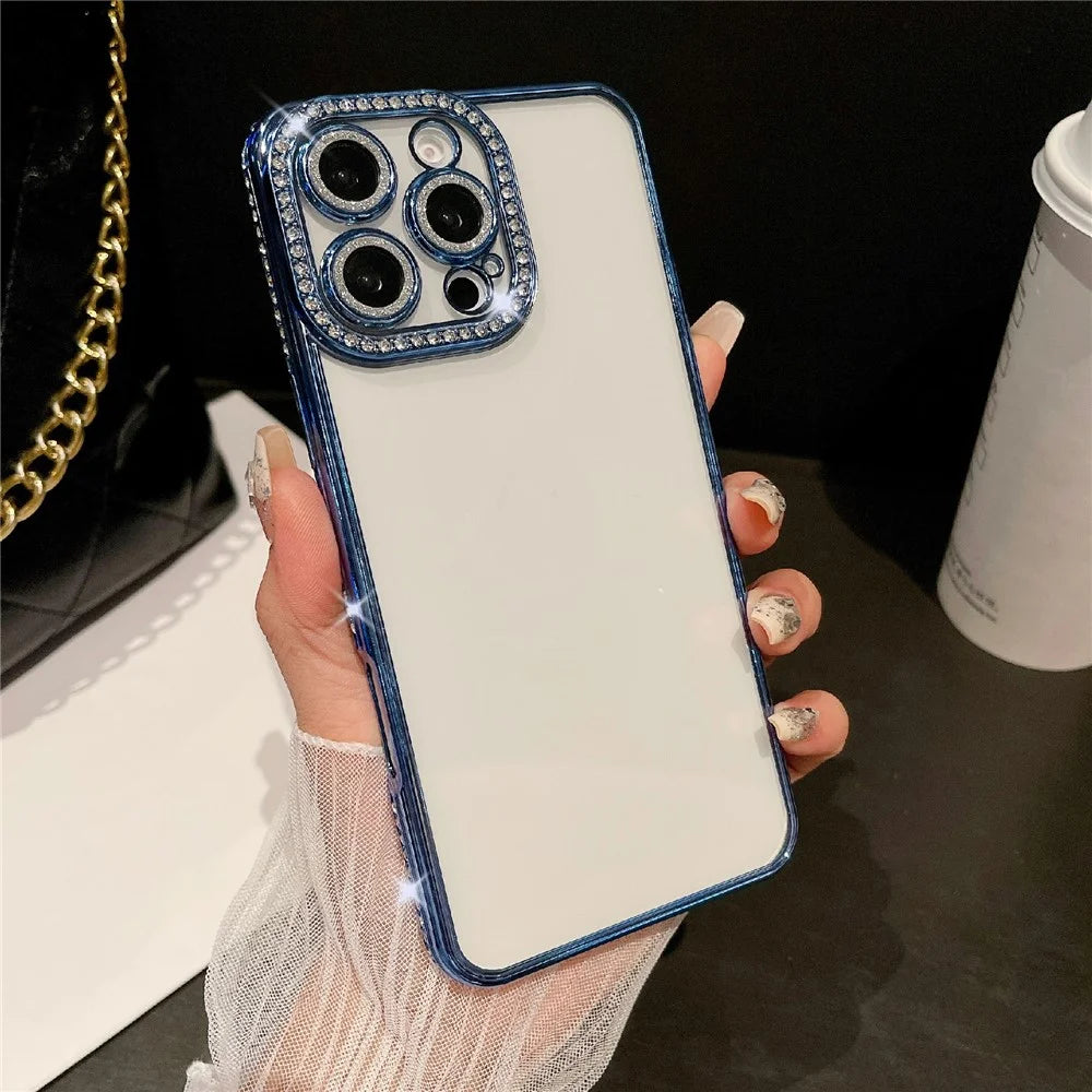 For iPhone 16 Pro Max Case Clear TPU Phone Cover with Glitter Lens Film - Blue - 1