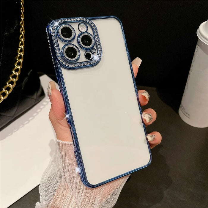 For iPhone 16 Pro Max Case Clear TPU Phone Cover with Glitter Lens Film - Blue - 1