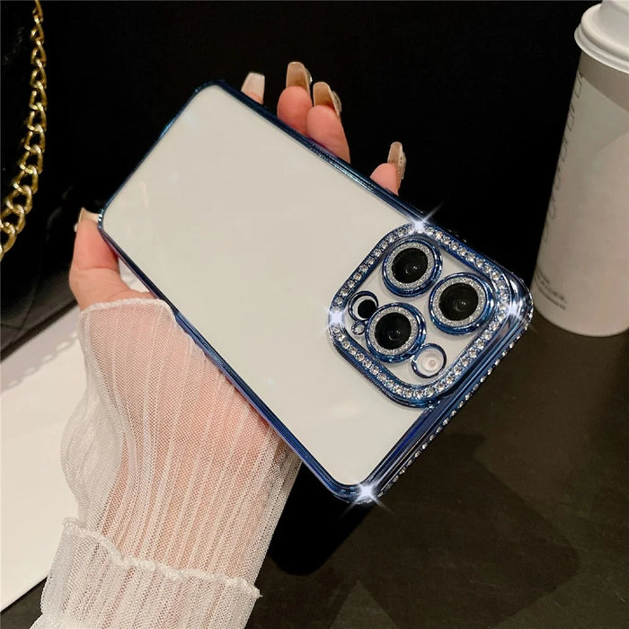 For iPhone 16 Pro Max Case Clear TPU Phone Cover with Glitter Lens Film - Blue - 2