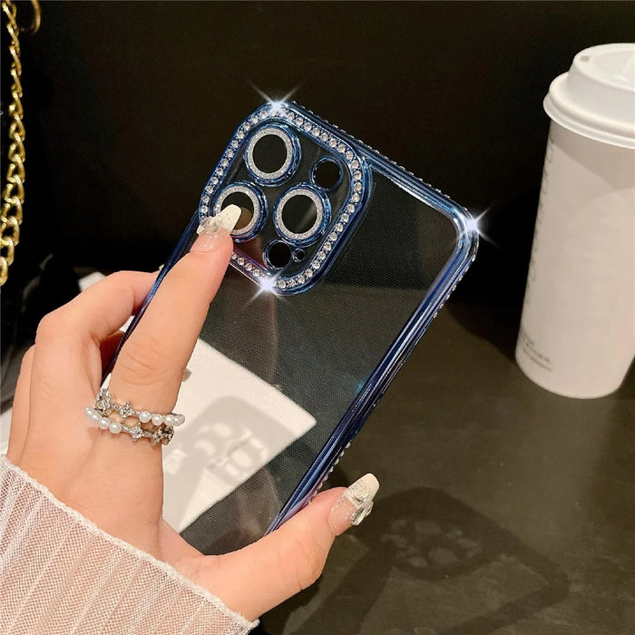 For iPhone 16 Pro Max Case Clear TPU Phone Cover with Glitter Lens Film - Blue - 3