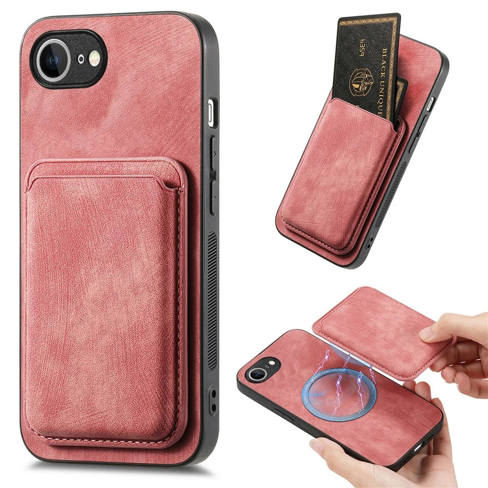 For iPhone 17e / 16e Case Compatible with MagSafe Leather Back Cover with Detachable Card Holder - Pink - 1
