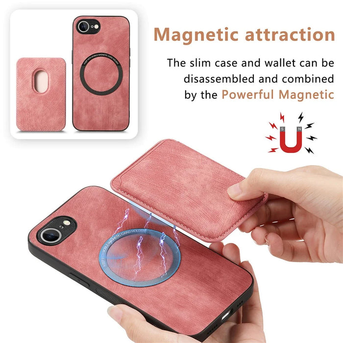 For iPhone 17e / 16e Case Compatible with MagSafe Leather Back Cover with Detachable Card Holder - Pink - 6