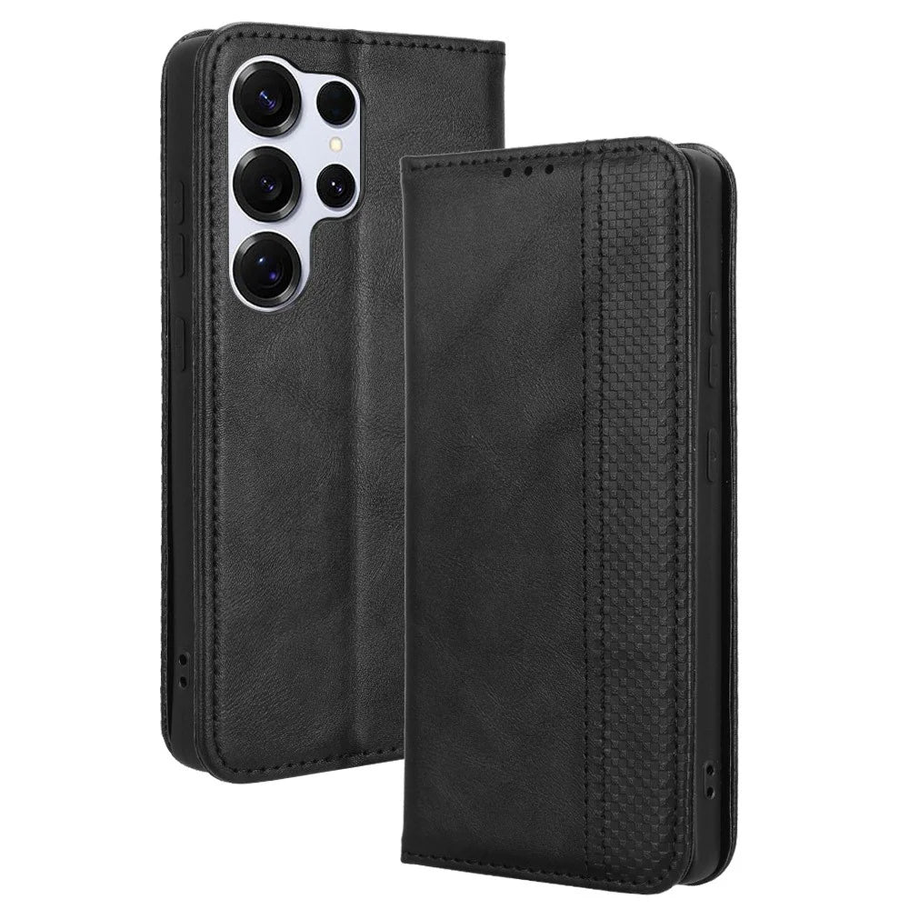 For Samsung Galaxy S25 Ultra Case Wallet Stand Retro Texture Leather Phone Cover - Black - 1
