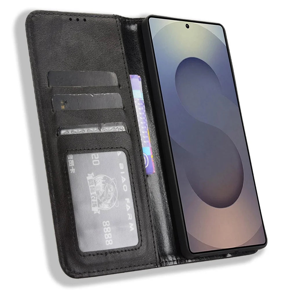 For Samsung Galaxy S25 Ultra Case Wallet Stand Retro Texture Leather Phone Cover - Black - 2