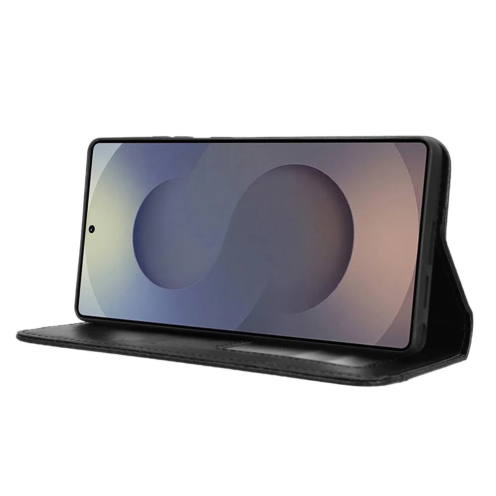 For Samsung Galaxy S25 Ultra Case Wallet Stand Retro Texture Leather Phone Cover - Black - 3