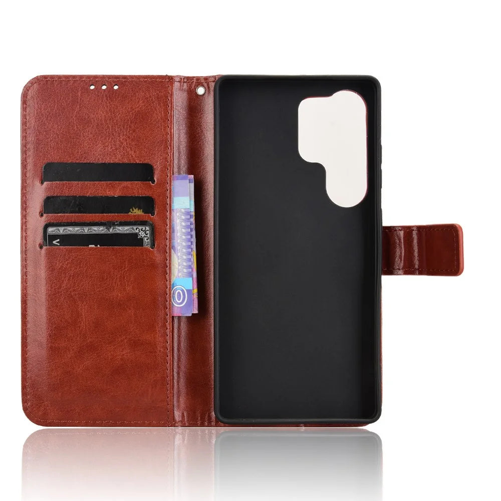 For Samsung Galaxy S25 Ultra Case Crazy Horse Texture PU Leather Phone Wallet Cover - Brown - 4