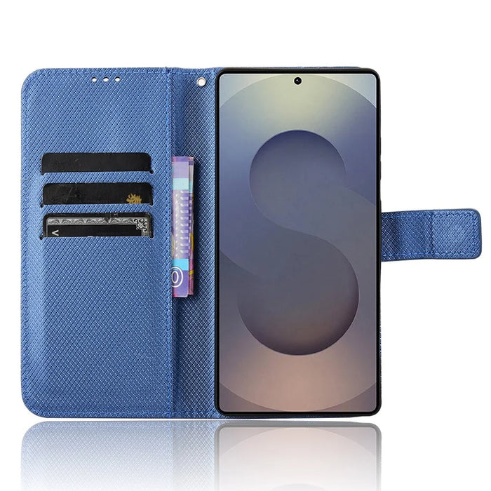 For Samsung Galaxy S25 Ultra Case PU Leather Diamond Texture Wallet Phone Cover - Blue - 2