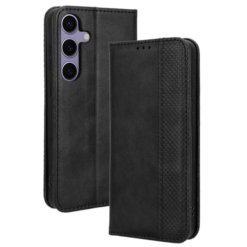 For Samsung Galaxy S25 Case Wallet Stand Retro Texture Leather Phone Cover - Black - 1
