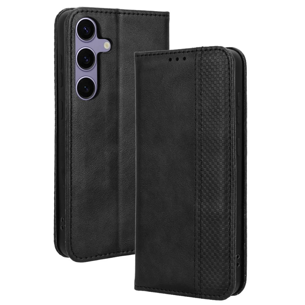 For Samsung Galaxy S25 Case Wallet Stand Retro Texture Leather Phone Cover - Black - 1