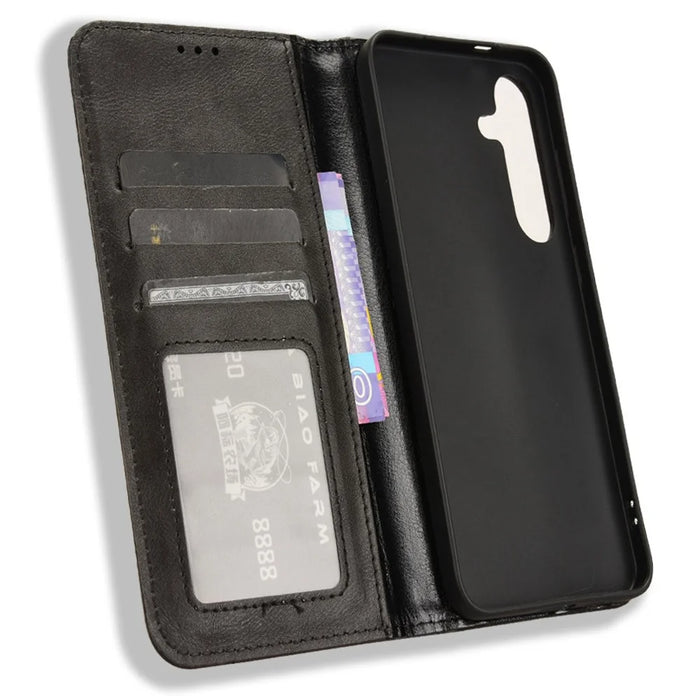For Samsung Galaxy S25 Case Wallet Stand Retro Texture Leather Phone Cover - Black - 4