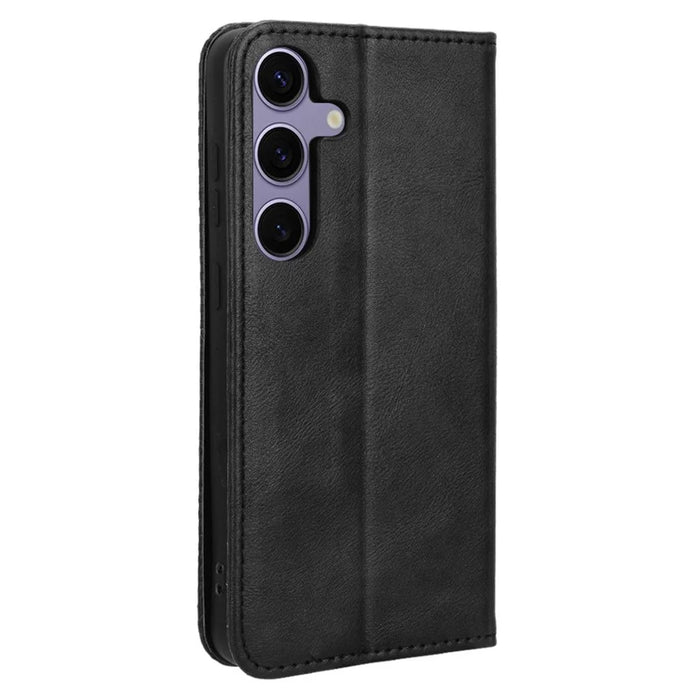 For Samsung Galaxy S25 Case Wallet Stand Retro Texture Leather Phone Cover - Black - 7