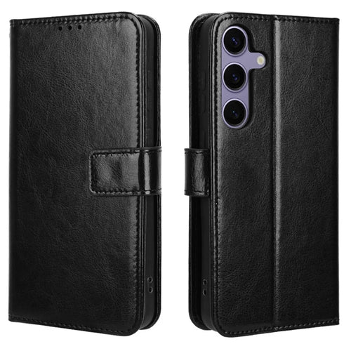 For Samsung Galaxy S25 Case Crazy Horse Texture PU Leather Phone Wallet Cover - Black - 1