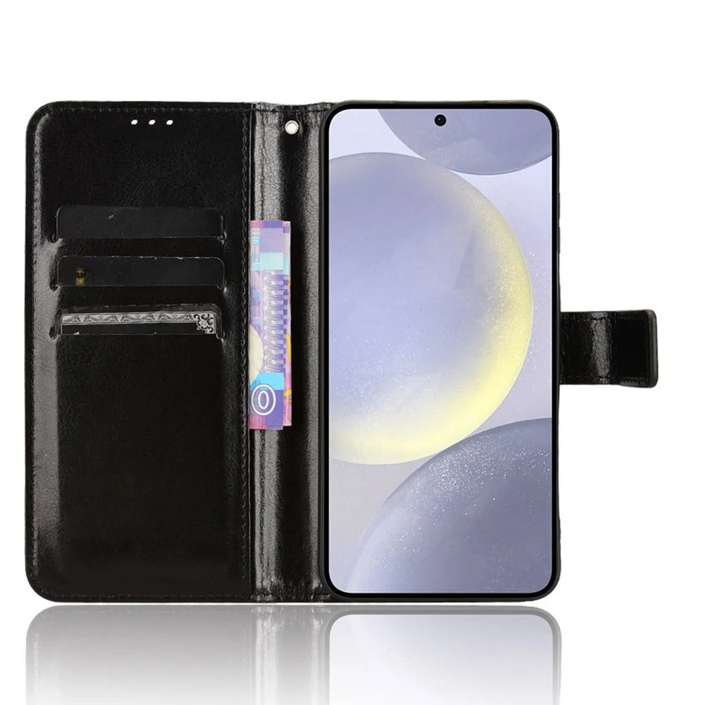 For Samsung Galaxy S25 Case Crazy Horse Texture PU Leather Phone Wallet Cover - Black - 2