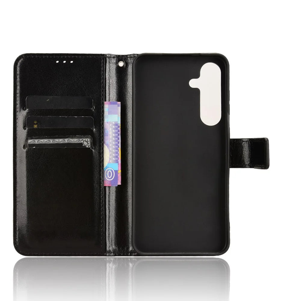 For Samsung Galaxy S25 Case Crazy Horse Texture PU Leather Phone Wallet Cover - Black - 4