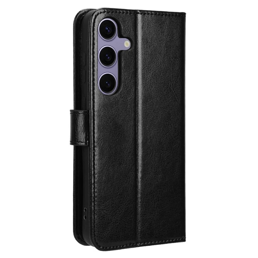 For Samsung Galaxy S25 Case Crazy Horse Texture PU Leather Phone Wallet Cover - Black - 6