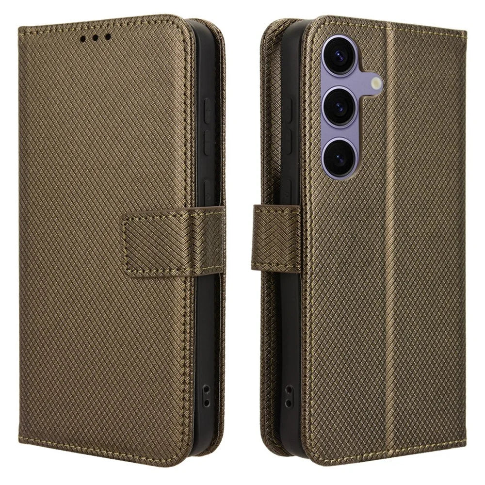 For Samsung Galaxy S25 Case PU Leather Diamond Texture Wallet Phone Cover - Brown - 1