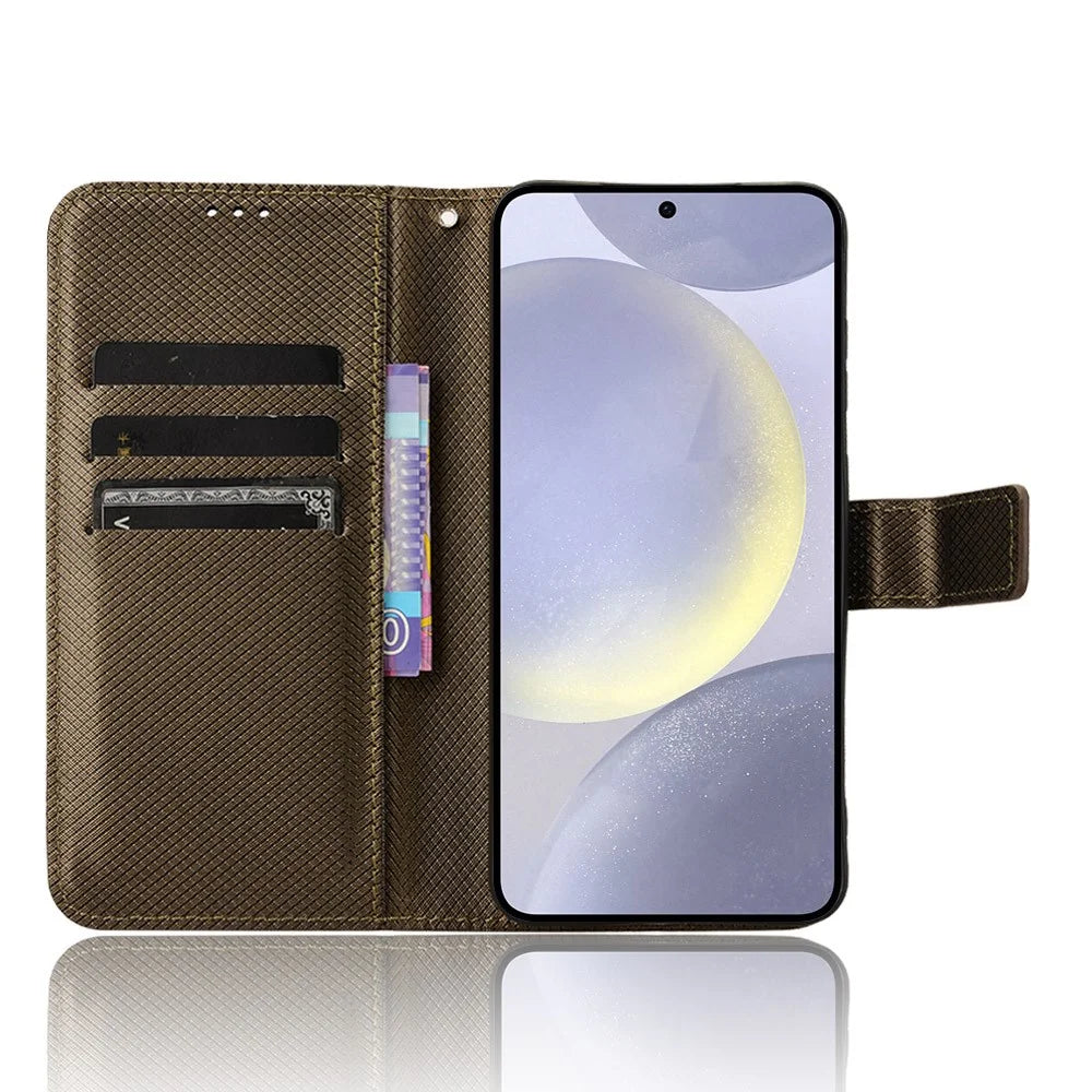 For Samsung Galaxy S25 Case PU Leather Diamond Texture Wallet Phone Cover - Brown - 2
